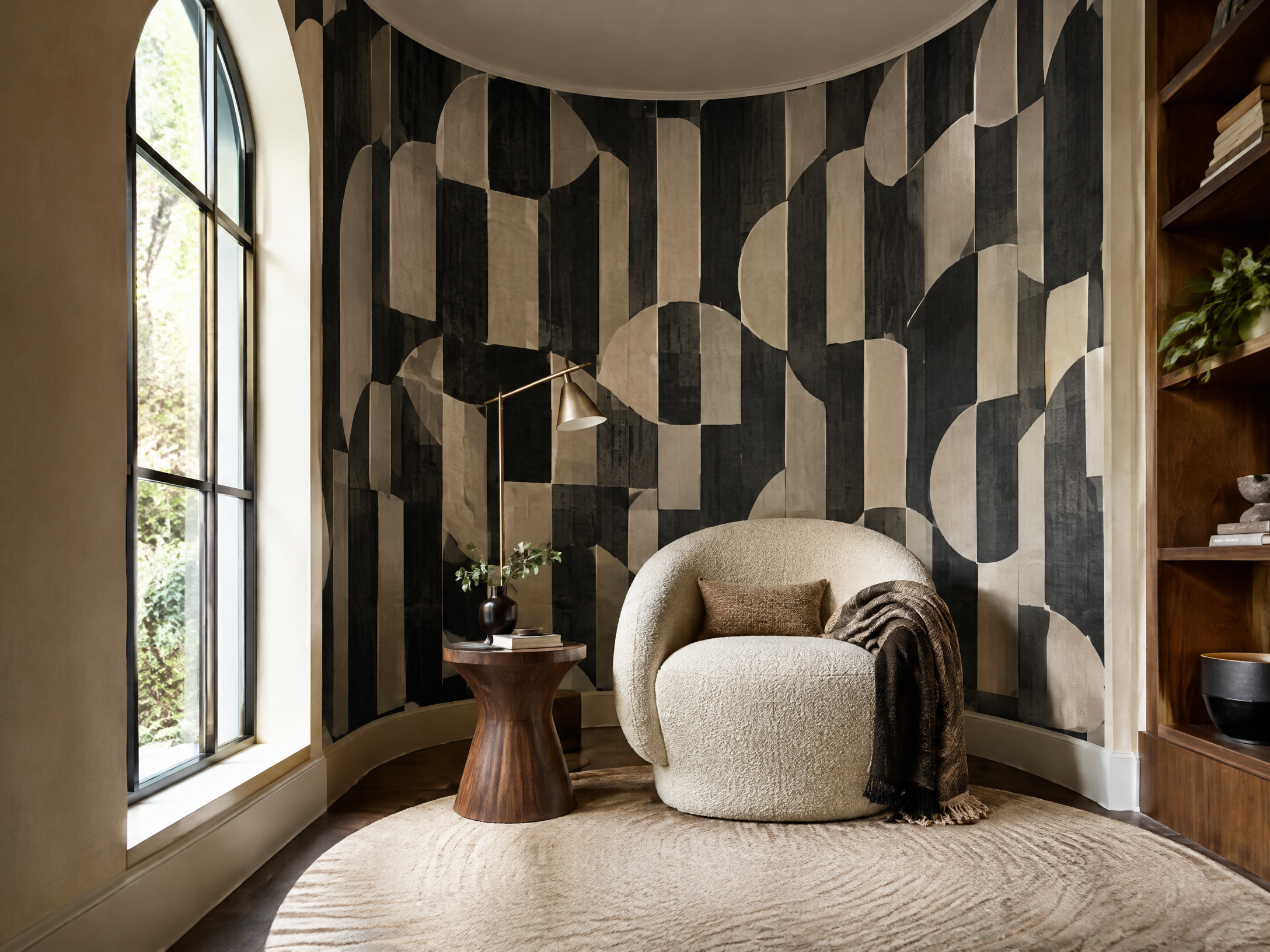 Arched nook with geometric wallpaper