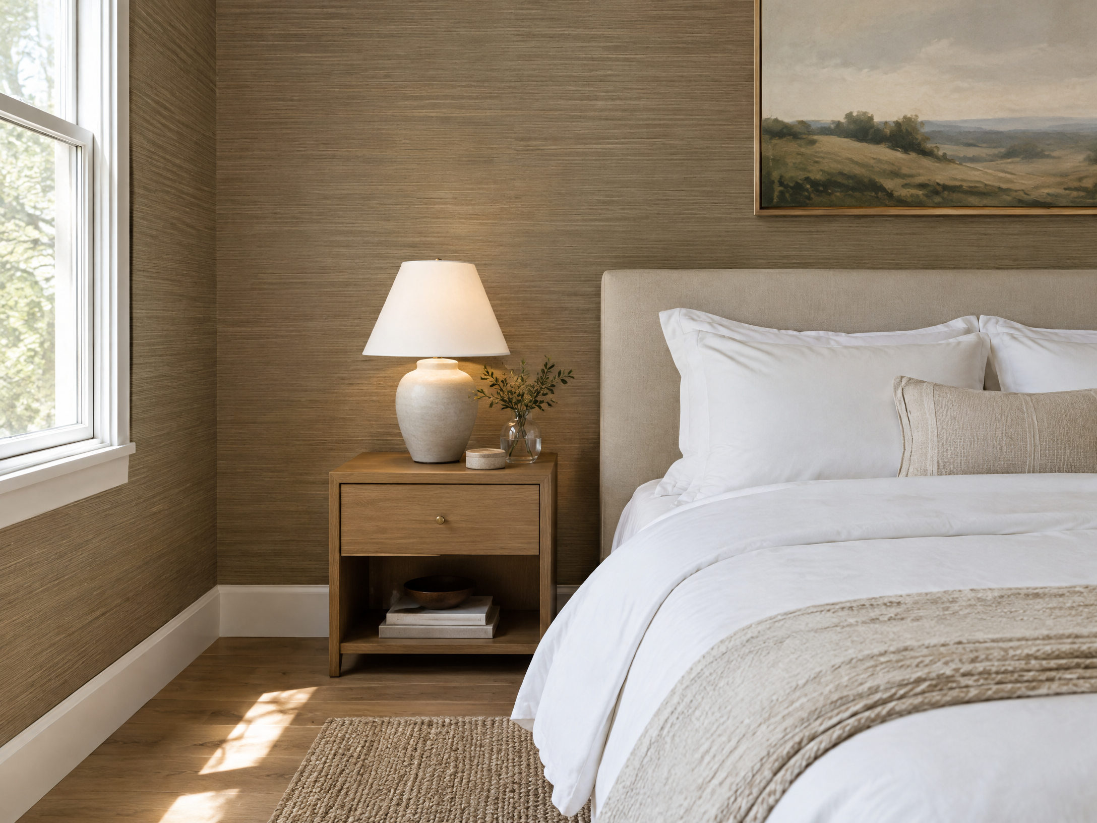 Bedroom with clay grasscloth wallpaper