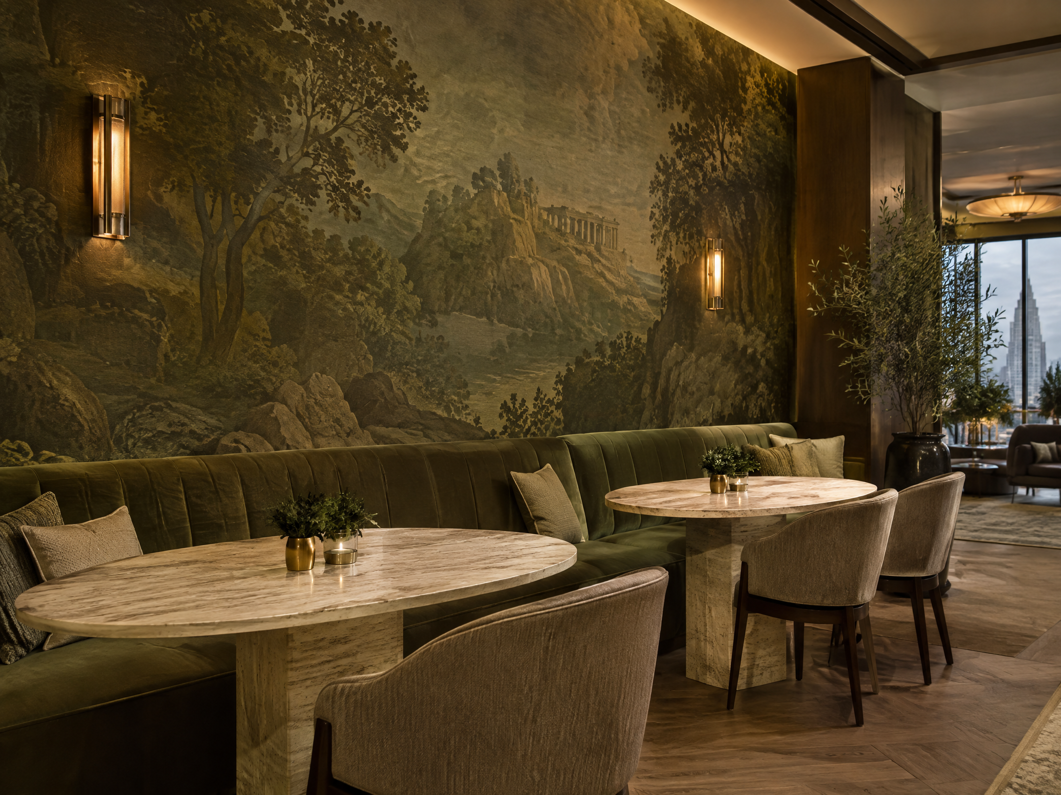 Commercial lounge with olive mural wallpaper